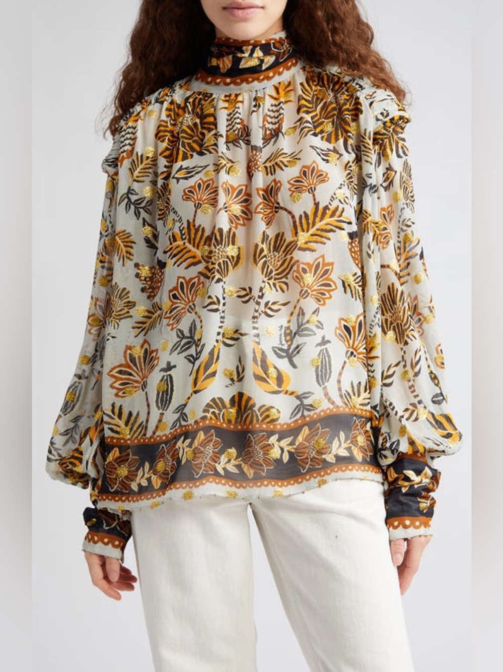 FARM Rio Sheer Floral High-Neck Blouse in White, Mustard and Black EUC